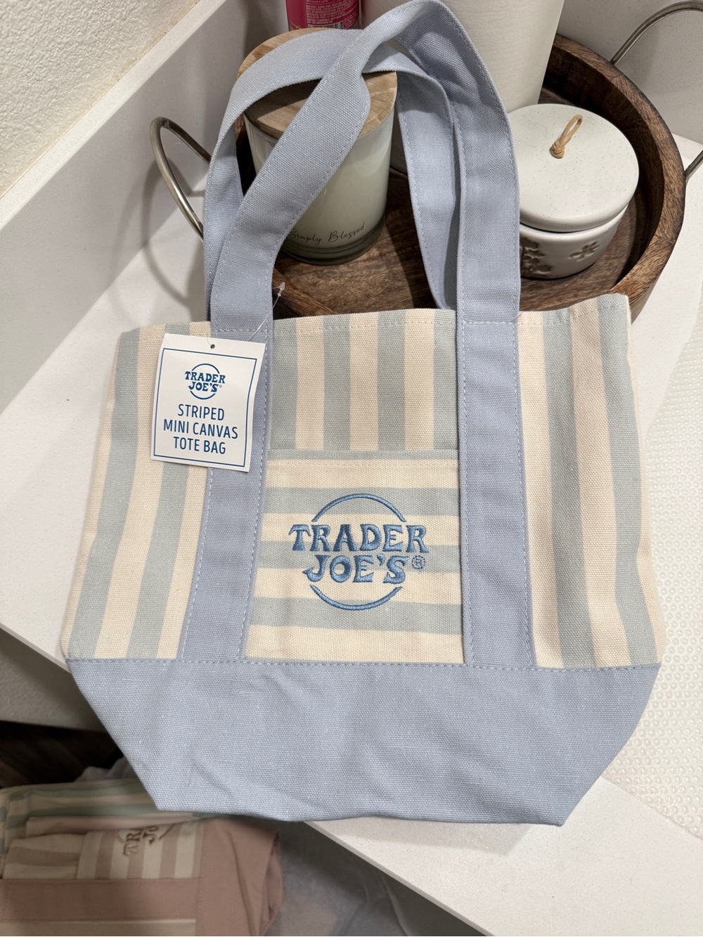 NEW Trader Joe’s Striped Mini Canvas Tote Bag - Light Blue